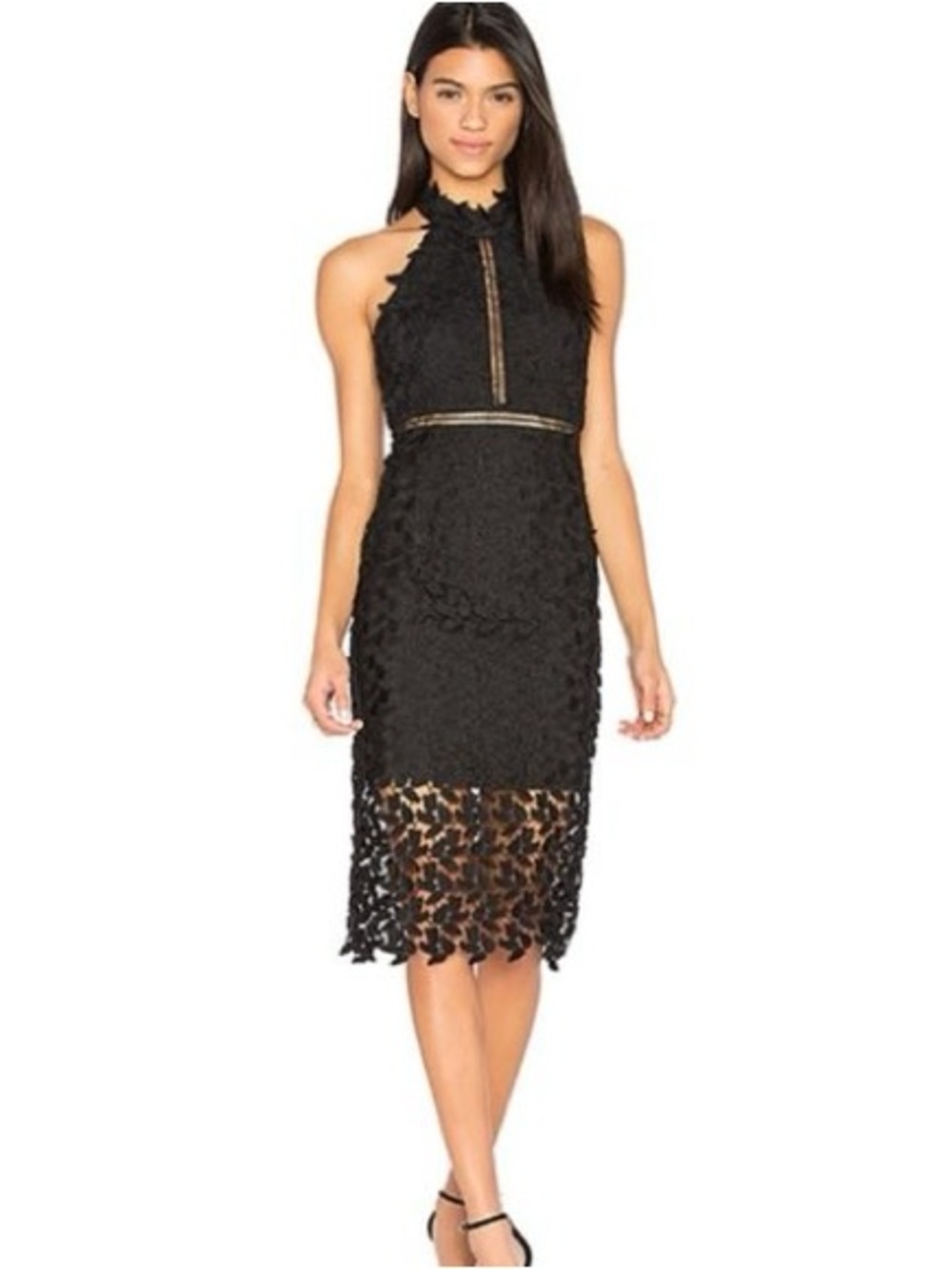 Bardot Gemma Lace Halter Midi Dress Black US 8 Leaf Lace Cocktail